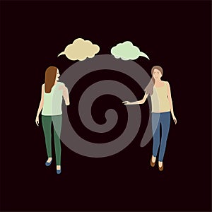Two girls go and talk. Young women in summer clothes chatting. Conversation of two people walking. People talk. Isolated vector