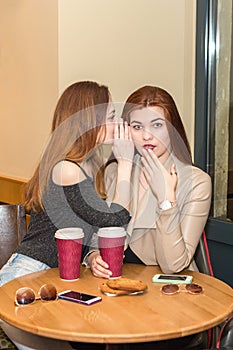 Two girls gossiping in a cafe bar