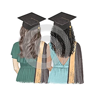 Two girls graduated, best friends hand drawn illustration