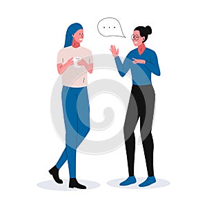 Two girls having a nice conversation. Vector illustration ot two smiling women standing and communicating about something. Concept