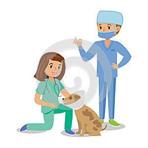 Two girls healing dog. Vet girls, pet doctors. Cute cartoon girl