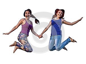 Two girls jumping in the air holding hands