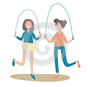 Two girls jumping rope. Healthy lifestyle. Vector illustration, isolated on white.
