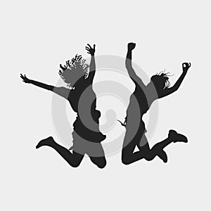 two Girls jumps in the air silhouette, fun, happy, success, feel free, music concert, exited woman clip art.