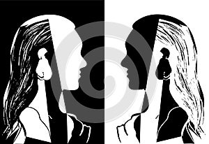 Two girls with long hair looking at each other. Black and white vector illustration. Silhouette of woman head.