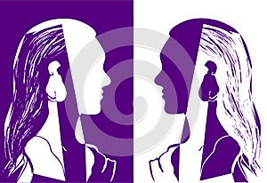 Two girls with long hair looking at each other. Purple and white vector illustration. Silhouette of woman head. Profilet