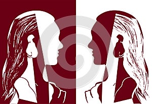 Two girls with long hair looking at each other. Red and white vector illustration. Silhouette of woman head.