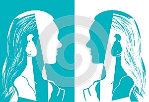 Two girls with long hair looking at each other. Turquoise and white vector illustration. Silhouette of woman head. Profile