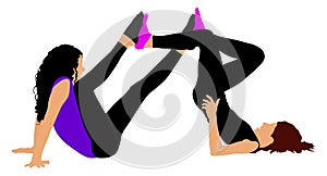 Two girls mat exercises, bicycle pose on the floor for warming up, .