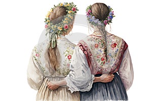 Two girls in national costumes with wreaths on their heads hug each other, rear view. Women Friendship. Generative AI