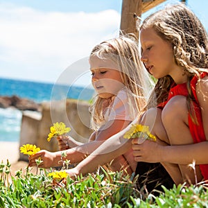 Two girls picking flowers.
