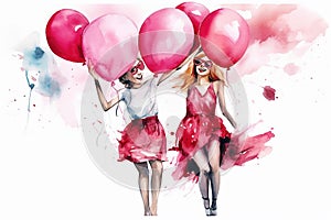 Two girls with pink balloons, happy children\'s day colorful illusstration generative ai