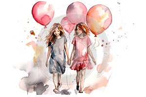 Two girls with pink balloons, happy children\'s day colorful illusstration generative ai
