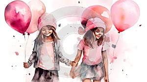 Two girls with pink balloons, happy children\'s day colorful illusstration generative ai photo