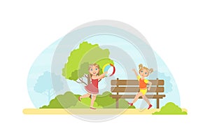 Two Girls Playing Ball in the Park, Cute Kids Having Fun Outdoors Vector Illustration
