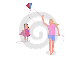 Two girls playing with kites over white background.Kids in flat style,color vector.Childhood, summertime.vector