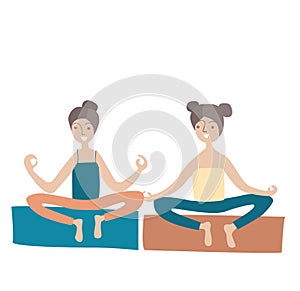 Two girls practicing yoga, sitting in Lotus position. Healthy lifestyle. Vector illustration, isolated on white