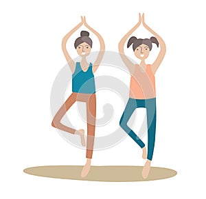 Two girls practicing yoga, standing in tree pose. Healthy lifestyle. Vector illustration, isolated on white background.