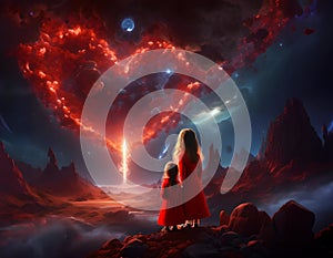 Two girls in red looking at the night sky with a big red heart made out of clouds, concept