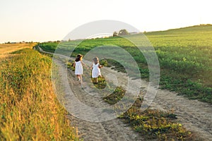 Two girls run along a country road. The road between the wheat and clover fields. Landscape at sunset.