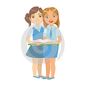 Two Girls In School Uniform Standing Reading A Book Together, Part Of Kids Loving To Read Vector Illustrations Series