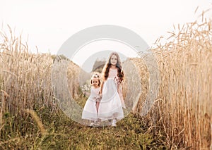 Two girls sister in white dresses walk through a wheat field by the hands