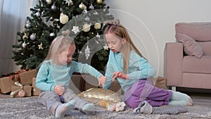 Two girls sisters draw fingers on pillow with sequins sit near Christmas tree.