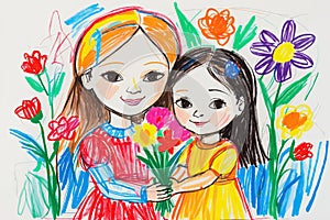 two girls sisters with flowers springtime friendship - kids crayon colorful pencil drawing