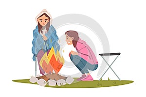 Two Girls Sitting and Warming Near Campfire, Tourist People Hiking, Camping and Relaxing at Summer Vacation Cartoon
