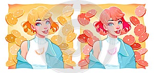 Two girls with slices of lemon and orange on backgrounds