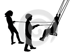 Two girls and a son swinging, silhouette vector