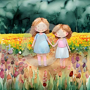 two girls standing in flower field