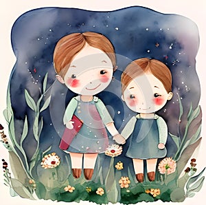 two girls standing in flower field