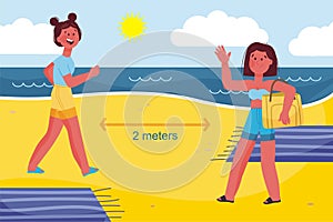 Two Girls On Summer Beach Vacation Concept. Social distancing.  Seaside Tropical Holiday Banner