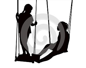 Two girls swinging, silhouette vector