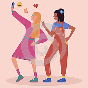 Two girls take a selfie, stand in profile in different poses and different races.