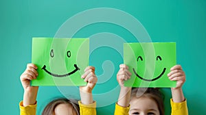 two girls in their hands holding green paper with a happy smile, child well-being, World Mental Health Day, banner