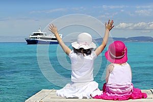 Two girls tourist turquoise sea goodbye