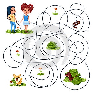 Two girls walked with dogs on leashes. Guess whose dog ran away? Children`s picture puzzle with a maze