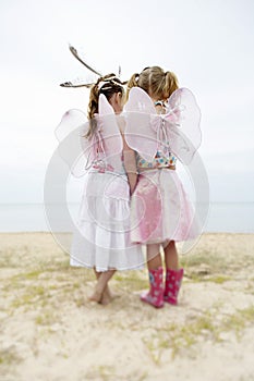 Two girls wearing Fairy wings and feathers standing on beach back view