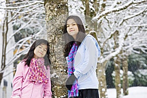 Two girls in winter scene photo