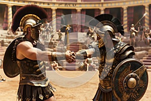 two gladiators shaking hands in the arena, respect between warriors