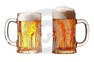 Two glass beer mugs full of golden light beer. Generative ai