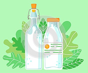 Two glass bottles with milk, organic natural product, high quality, pasteurized, free dairy