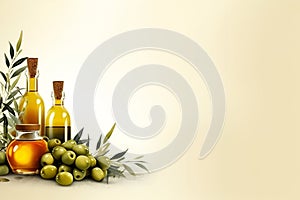 Two glass bottles of olive oil and olives isolated on white backgrounf, copy space. Olive oil in glass bottle with green olives photo