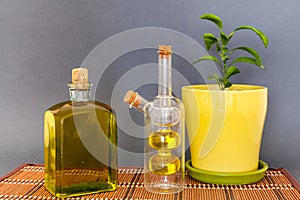Two glass bottles olive oil stands near a flower against a dark background.