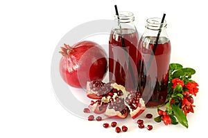 Two glass bottles of pomegranate juice, fruit, seeds and flowering branch of pomegranate tree isolated on white.
