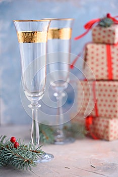 Two glass champagne glasses.Two beautiful glass champagne glasses on New Year`s Eve