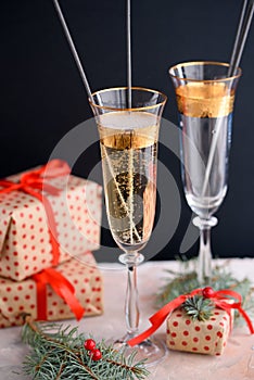 Two glass champagne glasses.Two beautiful glass champagne glasses on New Year`s Eve