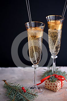 Two glass champagne glasses.Two beautiful glass champagne glasses on New Year`s Eve